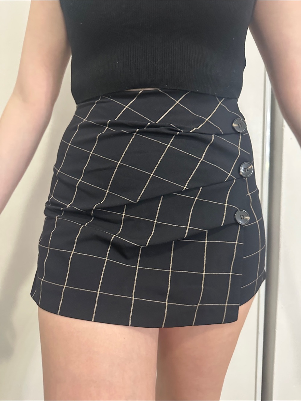 Zara Black Mini Skirt with Cream Windowpane Check
